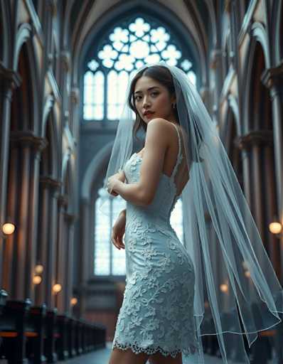 A woman is standing in front of a large window with arched openings and wearing a white dress with lace detailing on the bodice and sheer veil covering her hair.