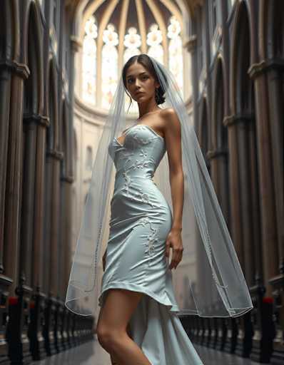 A woman is standing in front of a large window with arched openings and wearing a white wedding dress with intricate embroidery on the bodice and veil. The bride's hair is styled in an elegant updo, and she is looking directly at the camera with a smile.