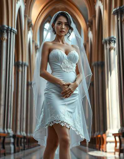 A woman is standing in front of a large archway with her hands on her hips and looking directly at the camera. She is wearing a white dress with lace detailing and a veil that falls over her shoulders. The background features stone columns and arches, suggesting an old or historic setting.