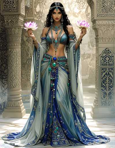 A woman is standing in front of a building with columns and arches, wearing a blue and white dress adorned with gold accents and holding two pink flowers.