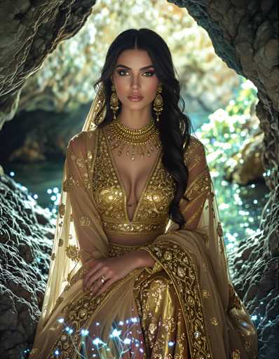 A woman is seated on a rock with her back to the camera, wearing a gold and beige dress that features intricate embroidery and a large necklace. The background includes a cave-like structure made of rocks and trees, suggesting an outdoor setting in nature.