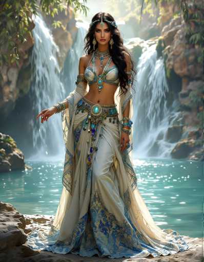 A woman is standing on rocks next to a waterfall wearing a white and blue dress with a turban and earrings.