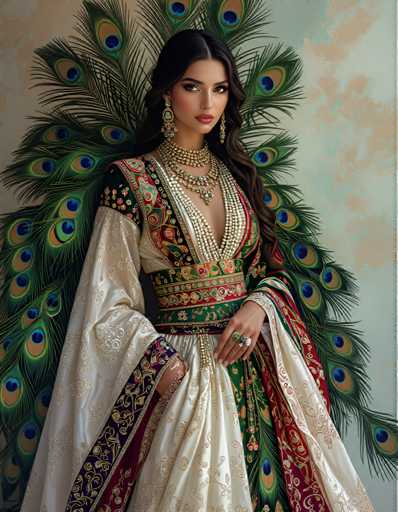 A woman is standing against a wall with her back facing the camera. She is wearing a traditional Indian dress that is predominantly white and green, adorned with gold accents. The dress features a long train and a corset-like bodice, giving it an elegant and regal appearance. The woman's hair is styled in loose curls, adding to her overall regal look. She is also wearing earrings and a necklace, further enhancing the traditional Indian aesthetic of the outfit.