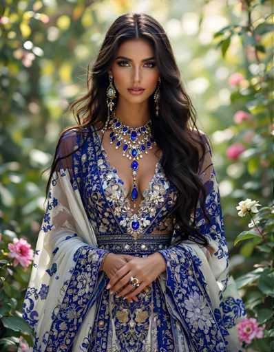A woman is standing in front of a garden with pink flowers and green leaves. She is wearing a blue and white dress with a gold pattern on the skirt and a necklace made of blue jewels around her neck. The background features trees and bushes, creating an outdoor setting for the scene.