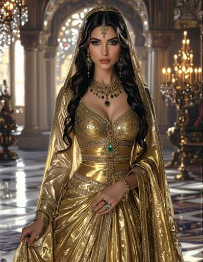 A woman is standing in front of a large window with gold curtains and a chandelier hanging from the ceiling. She is wearing a gold dress that has a train trailing behind her. The woman also wears a headpiece on her head and earrings on her ears.
