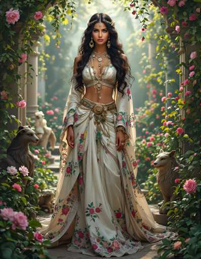 A woman is standing in front of a large archway adorned with pink and white flowers. She is wearing a white dress decorated with pink and green floral patterns, and she has her hair styled in an elegant updo. The woman is also wearing gold jewelry that complements the overall theme of the image.