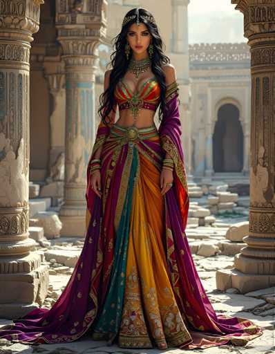 A woman is standing in front of a building with columns and arches, wearing an ornate dress that features a mix of purple, yellow, green, and gold colors. The dress has a long train and intricate designs on the skirt. She is also wearing a headpiece adorned with jewels.