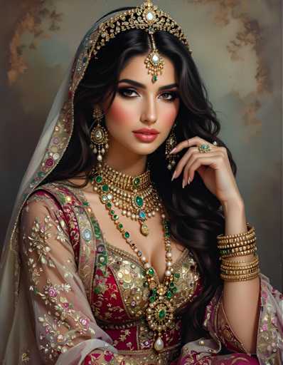 The image depicts a woman wearing traditional Indian attire, including a red and gold dress with intricate embroidery and a white headpiece adorned with jewels. She is also wearing a gold necklace and earrings that complement her outfit. The background features a blurred green color, which contrasts with the woman's vibrant attire.