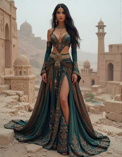 A woman is standing on a rocky outcropping with her back to the camera, wearing a long, ornate green dress that features a high slit and gold accents. The dress has a deep blue bodice and a flowing skirt adorned with intricate gold designs. The woman's hair is styled in an elegant updo, and she wears earrings and a necklace as part of her attire.