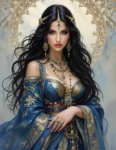 The image depicts a woman with long dark hair wearing a blue and gold dress adorned with intricate gold designs. She is also wearing a large headpiece that includes multiple jewels. The background features a white circular pattern with gold accents, which complements the overall design of the outfit.