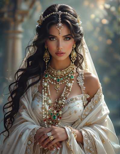 The image shows a woman wearing traditional Indian bridal attire. She is standing against a blurred background that appears to be a garden or park setting. The woman's hair is styled in loose curls and she is wearing a white dress with gold accents. Her face is partially obscured by the ornate headpiece, which features intricate designs and jewels.

The image does not contain any discernible text.