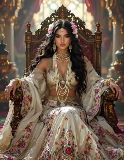 A woman is seated on a throne-like chair with gold accents and a red cushion, wearing an ornate white dress adorned with pink flowers and pearls. She has her hands resting on the seat of the chair while looking directly at the camera.