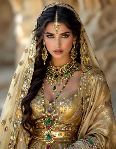 The image shows a woman wearing traditional Indian attire, including a gold and beige dress with intricate embroidery and a headpiece adorned with jewels. The woman is also wearing a gold necklace and earrings that complement her outfit.