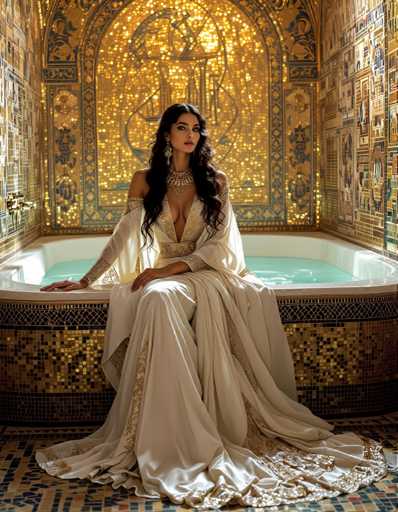 A woman is seated in a bathtub filled with water and gold tiles, wearing a white dress with gold accents and earrings.