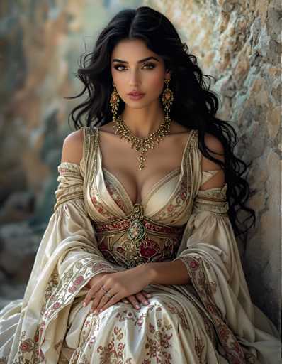A woman with long dark hair is seated against a stone wall wearing an ornate gold and red dress adorned with intricate embroidery. She is also wearing large earrings that complement her attire. The image does not contain any discernible text or other objects.
