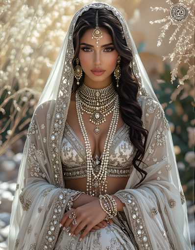 A woman is captured in a moment of quiet elegance against a backdrop of nature. She wears a traditional Indian bridal outfit that includes a white and gold dress with intricate embroidery on the bodice, a white headpiece adorned with gold accents, and a matching white scarf wrapped around her neck. The woman's hair is styled in loose waves, adding to her regal appearance. A gold necklace and earrings are also visible, further enhancing her regal look.