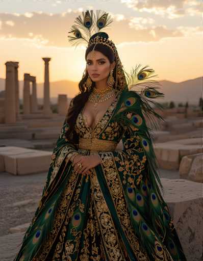 A woman is standing on a stone platform with her back facing the camera. She is wearing a long, green and gold dress adorned with peacock feathers that extend down to her feet. The dress features a corset-like bodice and a flowing skirt, adding an air of elegance and grandeur to her appearance. A crown of peacock feathers rests on her head, further enhancing the regal atmosphere.