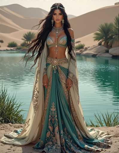 A woman is standing on a rocky shoreline with her back facing the camera. She is wearing a long, flowing dress that is predominantly blue and white, adorned with gold accents. The dress has a high neckline and corset-like sleeves, giving it an elegant and regal appearance. The woman's hair is styled in loose waves, adding to her overall majestic look. In the background, there are palm trees swaying gently against a backdrop of mountains, suggesting that she might be in a desert or tropical location.