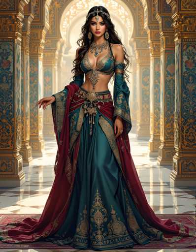 A woman is depicted wearing a long, ornate dress with intricate gold and blue embroidery that flows down to her feet. She wears a headpiece adorned with jewels and has her hair styled in an elegant updo. The setting appears to be a grand room with columns lining the walls, suggesting a palace or similar regal structure.