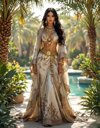 A woman is standing in front of a pool with palm trees and flowers behind her. She is wearing an ornate gold dress that flows down to the ground, and she has a gold headpiece on her head. The background features palm trees and pink flowers.