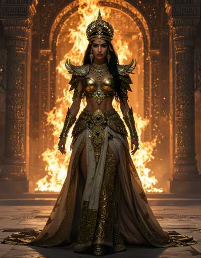 A woman dressed in a gold and white dress with wings on her shoulders stands in front of an archway that leads to a fire pit. The fire pit is surrounded by flames, creating a dramatic backdrop for the scene.