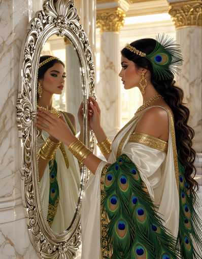 A woman is captured in a moment of reflection within an ornate room with white marble walls and gold columns. She is dressed in a traditional Greek costume that includes a white dress adorned with blue and green peacock feathers, paired with gold jewelry. The woman's hands are gently holding the mirror, which reflects her image back at her.