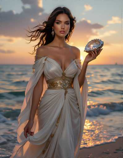 A woman stands on a beach at sunset, wearing a white dress with gold accents and holding a silver shell in her right hand.
