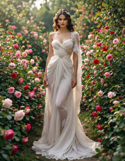 A woman is standing in front of a garden filled with pink and red roses. She is wearing a white dress that falls down to her knees, and she has long hair styled in an elegant updo. The garden behind her is lush with greenery, creating a serene and picturesque setting for the scene.