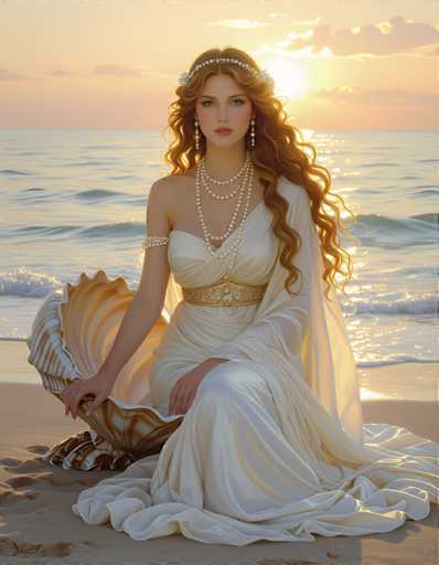 A woman with long red hair is seated on a beach at sunset, wearing a white dress and pearl necklace. She holds a shell in her lap.