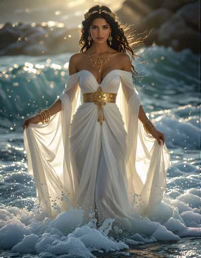 A woman stands in shallow water at the beach, wearing a white dress with gold accents and holding her hair back with a gold headpiece.