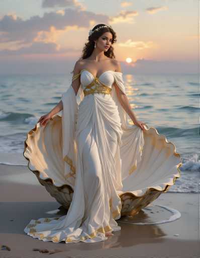 A woman is standing on a beach at sunset, wearing a white dress with gold accents and holding the shell of an oyster.