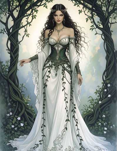 A woman is depicted wearing a white dress with green and gold accents, standing in front of a tree-filled forest. The background features lush greenery and trees, creating an enchanting atmosphere around the woman.