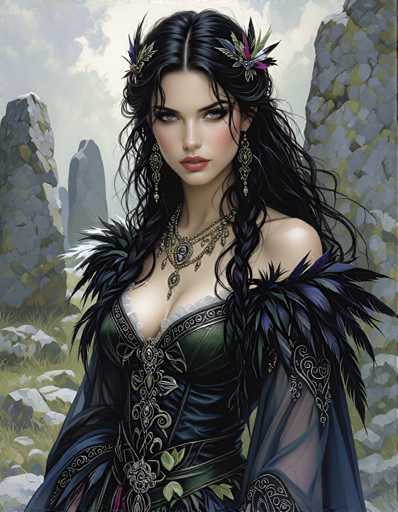 A woman with long dark hair and a black dress adorned with gold accents stands in front of a rocky landscape, wearing a crown on her head and holding a feather duster.