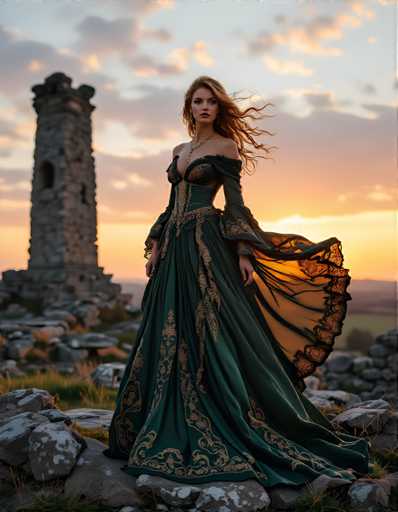A woman stands on a rocky outcropping at sunset, wearing a long green dress with gold accents and a corseted bodice that accentuates her figure. The sky is painted in warm hues of orange and pink, creating a stunning backdrop for the scene.