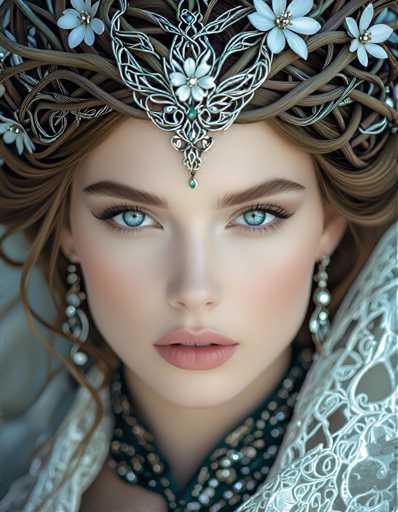 The image shows a close-up portrait of a woman with long brown hair and blue eyes wearing a white crown adorned with silver flowers on her head. She is dressed in a white dress that contrasts with the dark background. The woman's face is the main focus of the image, and she appears to be looking directly at the camera.