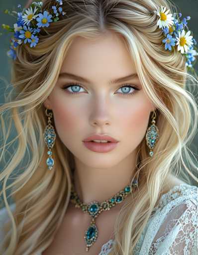 A woman with blonde hair is wearing a blue and white flower crown on her head and a gold necklace around her neck. She has a light skin tone and is looking directly at the camera.