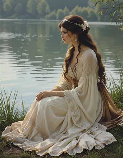 A woman dressed in a white gown with lace sleeves and a headband sits on the grass by a lake, gazing out at the water.