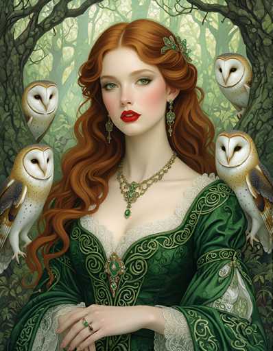 A woman with long red hair and a green dress is the central figure in this illustration. She has her hands clasped together and is wearing a necklace that includes a large green gemstone pendant. The background features trees and owls, creating an impression of a forest setting.