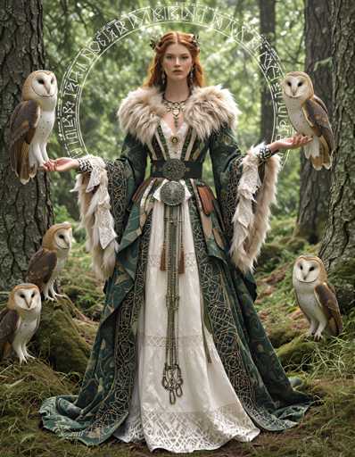 A woman dressed in a long green and white dress with a fur collar stands in the center of a forest surrounded by five owls on either side.