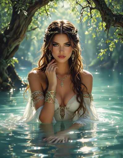 A woman with long brown hair is seen wearing a white dress and gold jewelry while standing in water surrounded by trees.