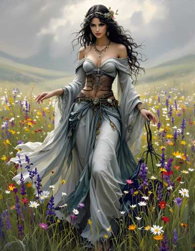 A woman with long dark hair is walking through a field filled with purple and white flowers. She is wearing a blue dress that flows behind her as she moves. The woman carries a purse in one hand while the other hand holds a flower in the other.