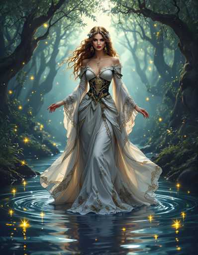 A woman with long brown hair and a white dress is standing on the edge of a river surrounded by trees and glowing with light from above.
