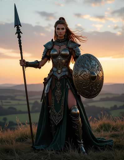 A woman dressed as a medieval warrior stands on a grassy hill at sunset, holding a spear and shield with her right hand while wearing a green dress and armor that includes a helmet and breastplate.