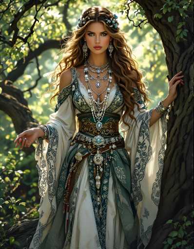 A woman is standing in front of a tree with her hair styled in an elegant updo and wearing a long white dress adorned with gold accents and intricate beading. She is also wearing a crown on her head and has several bracelets and necklaces around her neck.