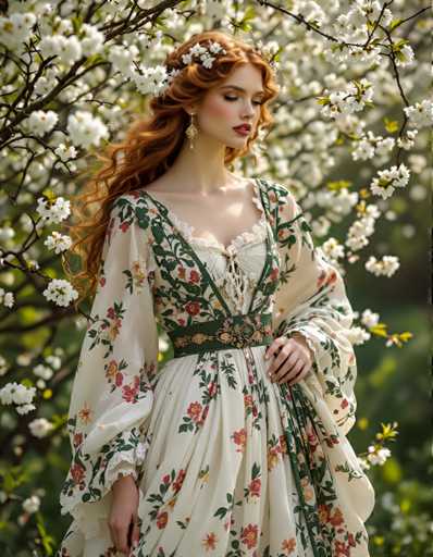 A woman with long red hair wearing a white and green floral dress stands in front of a tree filled with white flowers.