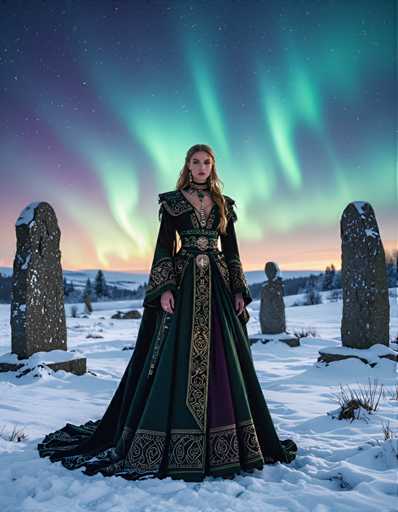 A woman stands in a snowy field under a starry sky, wearing a long green and purple dress with gold accents and a black headpiece. The woman is positioned between two large stone statues on either side of her.