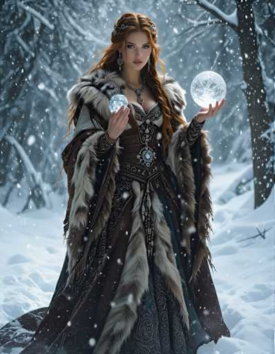 A woman dressed in a long brown fur coat and a blue dress stands in the snow with two large balls of ice in her hands.