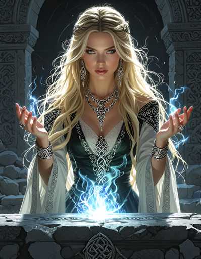 A woman with blonde hair and a necklace is depicted as a witch standing on a stone platform. She has her hands raised above her head, suggesting she might be casting a spell or performing a ritual. The background features an archway and a wall adorned with intricate designs, adding to the mystical atmosphere of the scene.