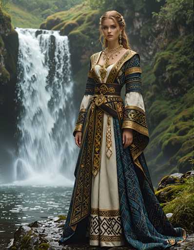 A woman is standing on a rocky cliff overlooking a waterfall. She is wearing a long, flowing dress with gold and blue accents that match the colors of the waterfall. The waterfall is located behind her, creating a sense of depth in the image.