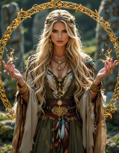 A woman with blonde hair wearing a green dress and gold jewelry stands in front of a golden circle frame, holding two golden wands.